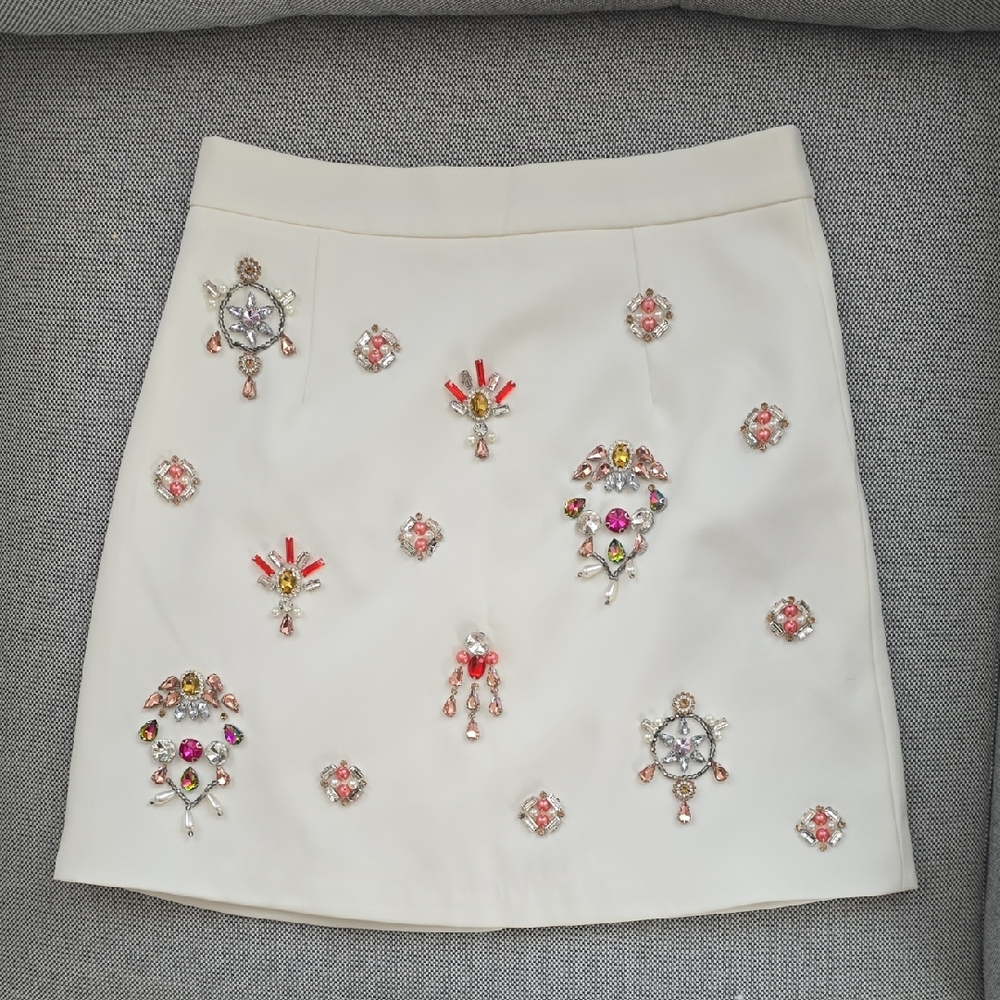 Chic Embellished Cream Mini Skirt & Jacket Matching Set